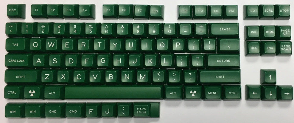 Official Signature Plastics SA Nuclear Data 80% TKL kit showing the exact dark-green SA Row 3 keycaps with bright white legends